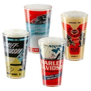 Harley-Davidson Vintage Poster Graphics Set of Four 16 oz Pint Glasses Set NEW